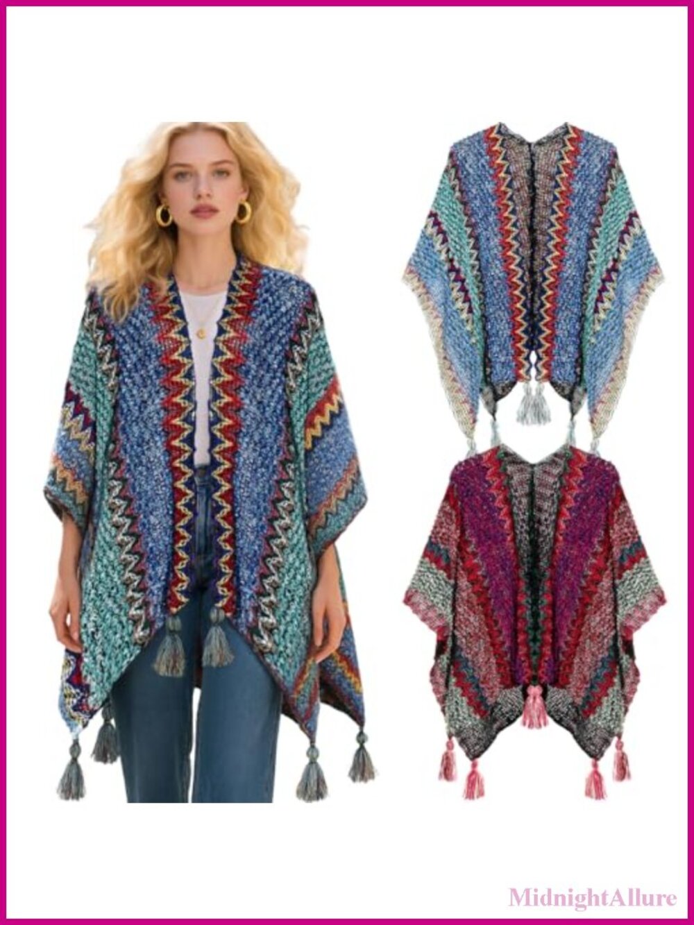 2 Pc Knit Poncho Set Crochet Tassel Fringe Open Front Wrap